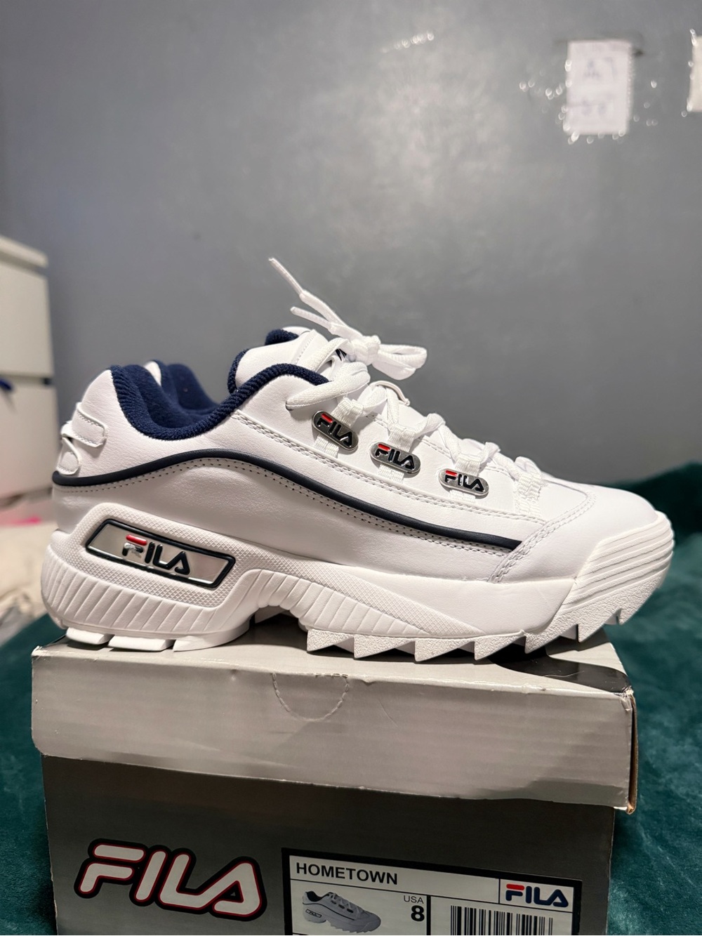 Fila White and Navy Chunky Low-Top Sneakers